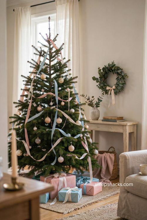 Pastel Christmas tree with pink blue mint white ribbons and soft holiday decor