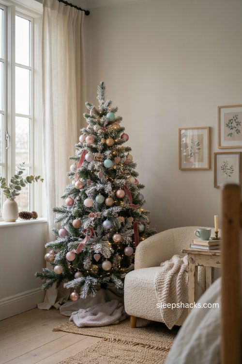 Pastel Christmas tree with pink lavender mint and pale blue vintage ornaments 