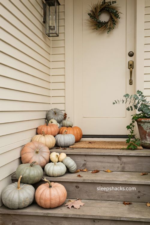 Pastel Thanksgiving porch with pink blue sage green and orange pumpkins 