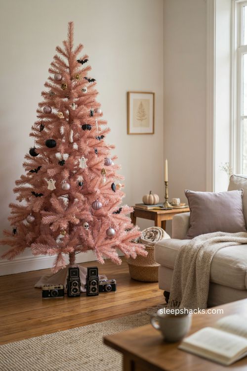 Pastel pink halloween tree with black and white ornaments and vintage cameras