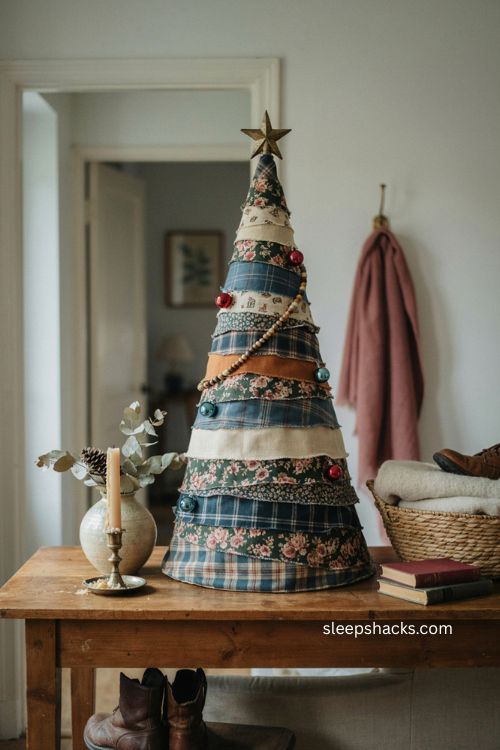 Patterned fabric christmas tree diy with floral plaid and neutral layers