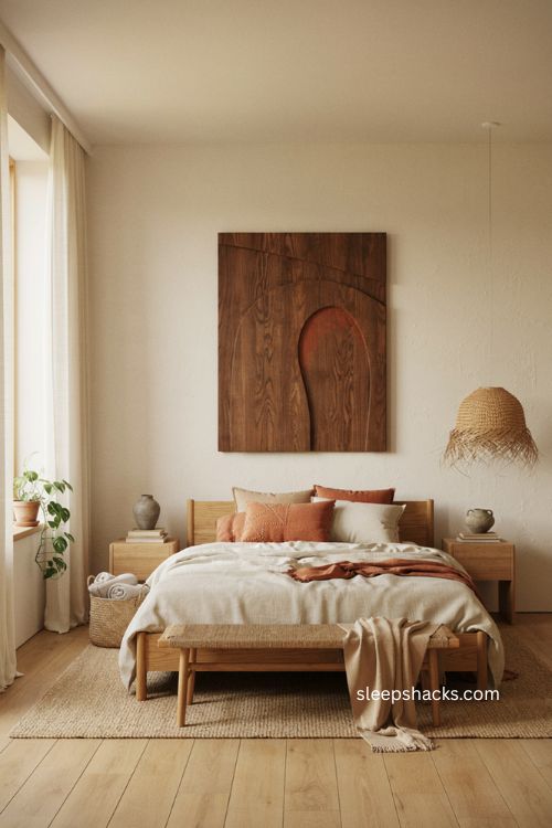 Peaceful Afro modern bedroom with warm neutrals natural wood and soft textures 
