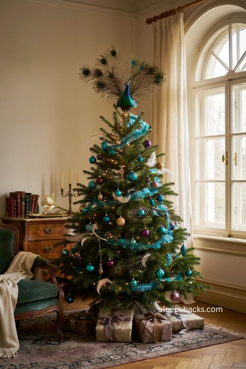 Peacock Christmas tree ideas with jewel toned ornaments feathers and elegant vintage decor 