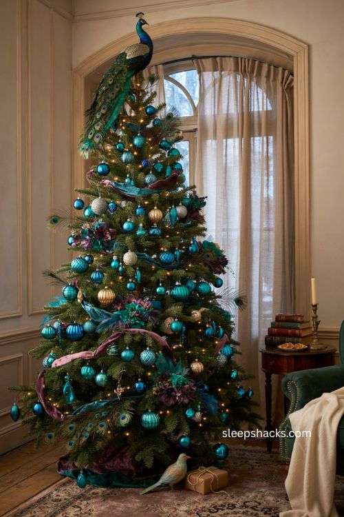 Peacock Christmas tree topper with perched peacock figure fairy lights and jewel toned ornaments 