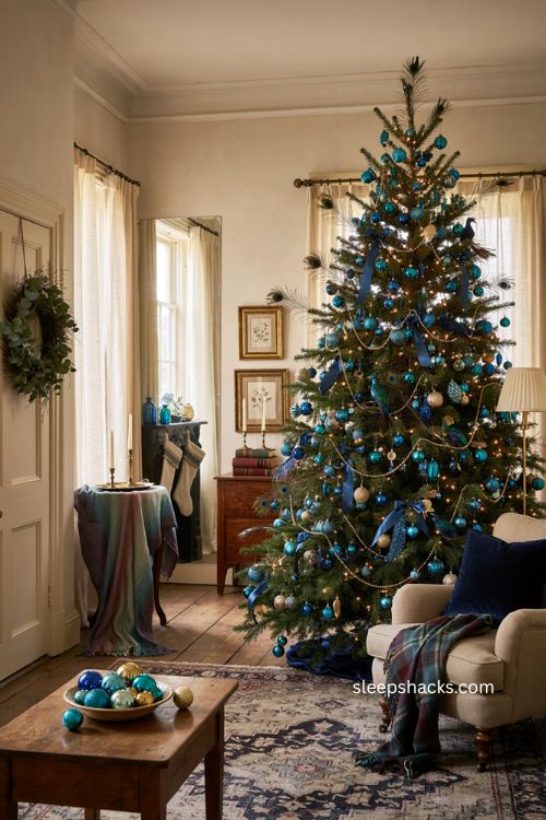 Peacock Christmas tree with coordinated navy teal emerald decor throughout the room 
