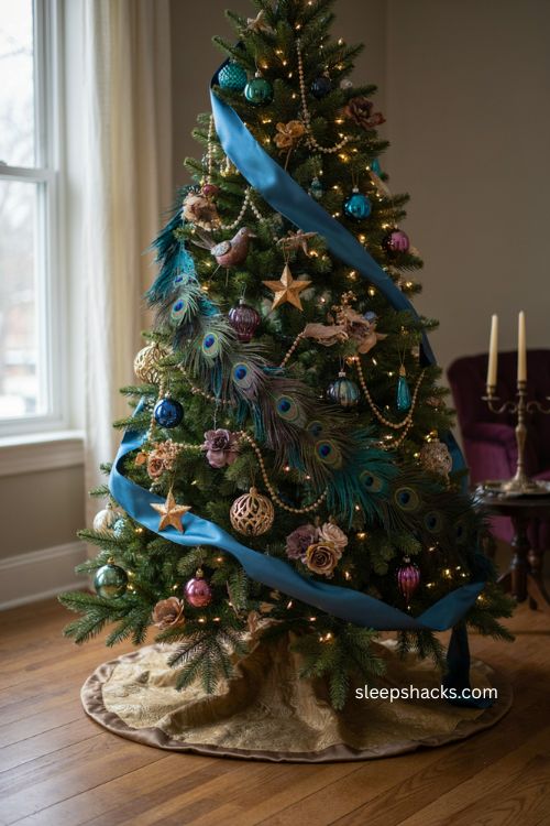Peacock Christmas tree with flowing blue ribbon cascading florals and jewel toned ornaments 