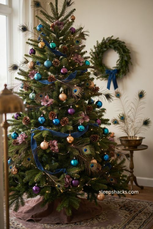 Peacock Christmas tree with real feather picks jewel toned ornaments and vintage decor 
