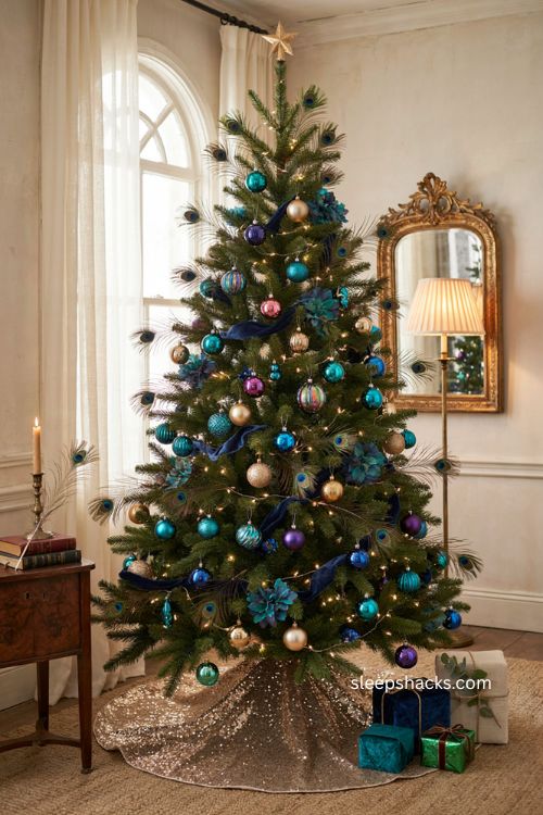 Peacock Christmas tree with sequined tree skirt jewel toned ornaments and feather decor 