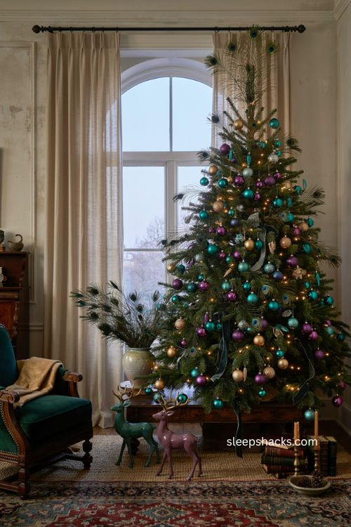 Peacock Christmas tree with teal purple green gold ornaments and feather topper