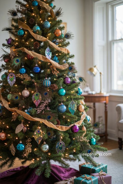Peacock feather pattern Christmas tree with jewel toned ornaments ribbon and stained glass decor 