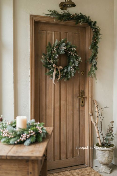 Pearl berry Christmas wreath on a cozy vintage front door 