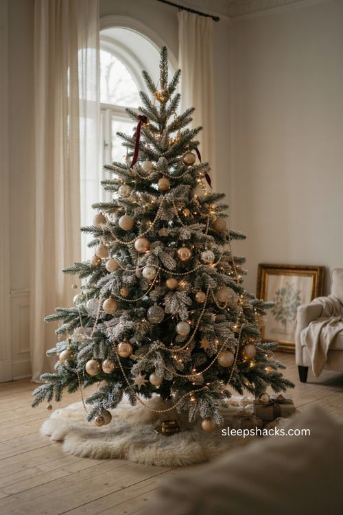 Pearl garland glam Christmas tree decor ideas with white flocked branches