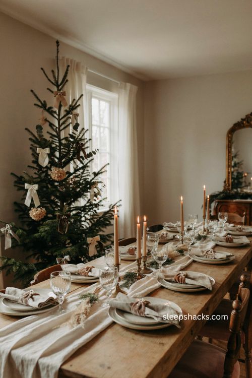 Pearled velvet bow Christmas ornaments on a neutral holiday tree and table 