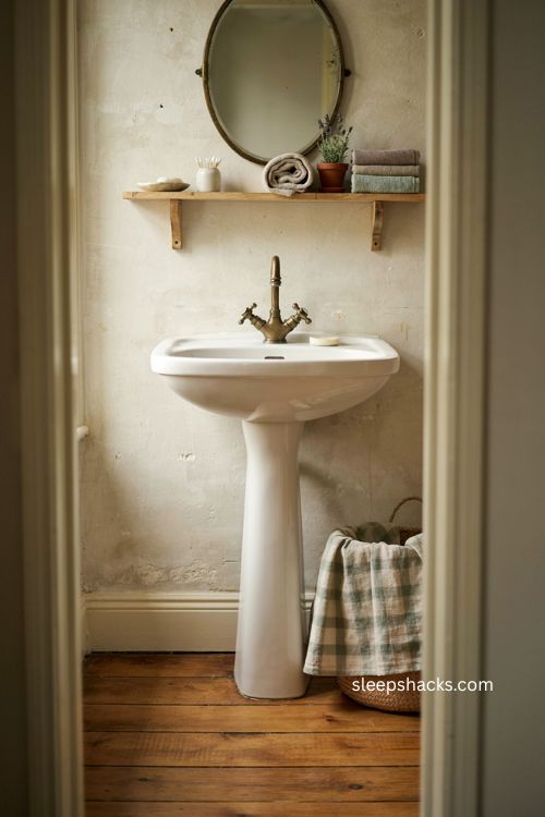 Pedestal sink with fabric skirt for hidden storage in a rustic small bathroom
