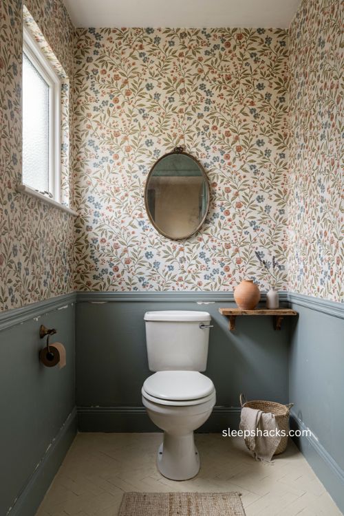 Peel and stick wallpaper water closet with sage green lower walls and floral pattern