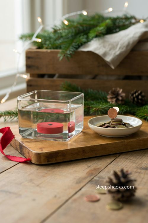 Penny drop Christmas stall game with Rudolph target and water tank 