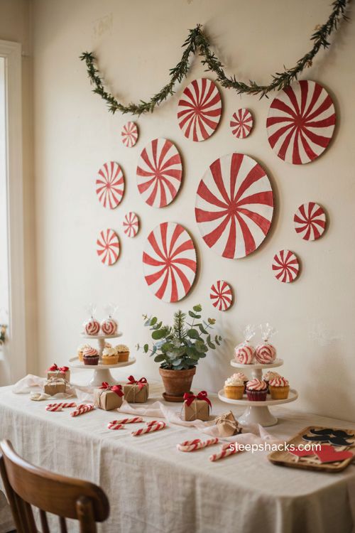 Peppermint swirl wall art with diy red and white candy circles 