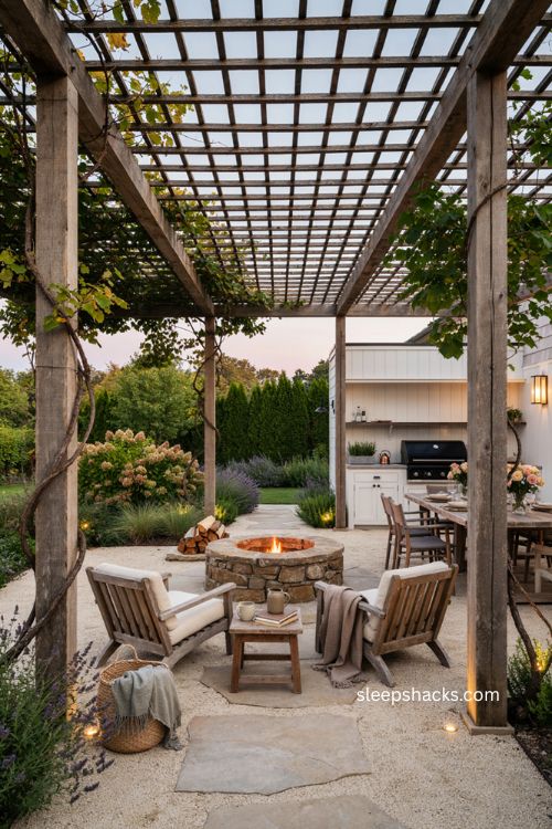 Pergola fire pit ideas for a cozy backyard outdoor room 
