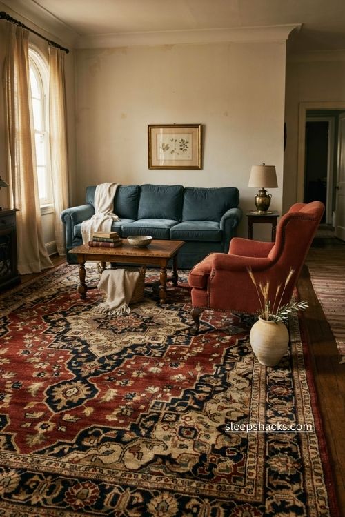 Persian style rug in a warm vintage living room with rich colors 