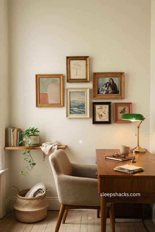 Personal gallery wall with mismatched frames and meaningful art home office 