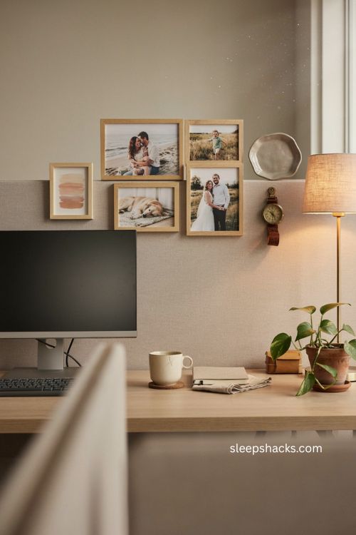 Personal photos and mementos display for a cozy personalized cubicle