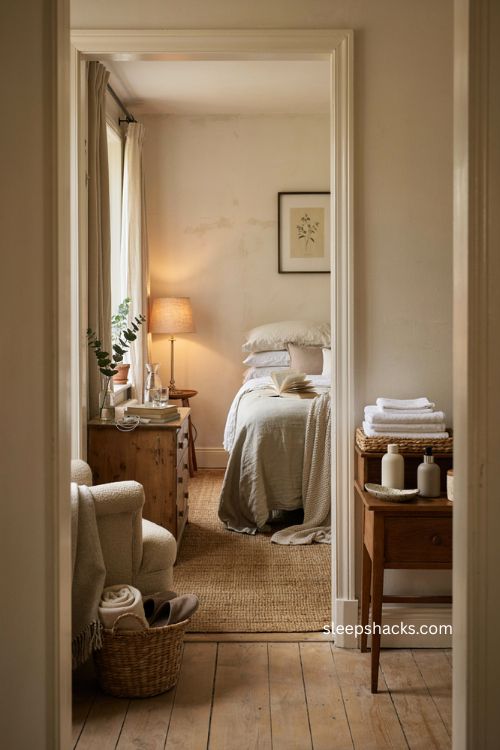 Personal touches for a guest room with water carafe fresh towels books charger and cozy details 