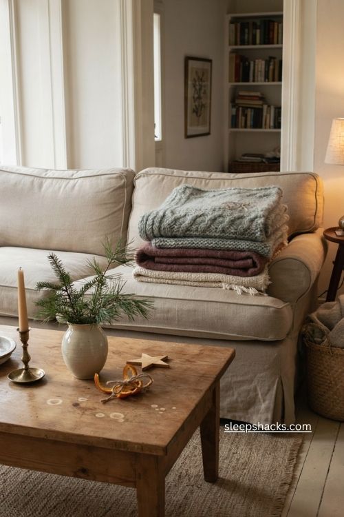 Personalized Christmas name blanket folded on cozy neutral sofa 