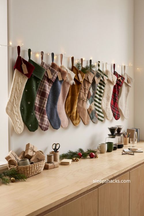 Personalized Christmas stockings office decorating ideas with cozy break room holiday decor 