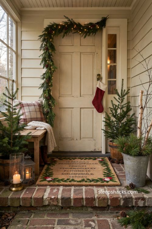 Personalized family Christmas doormat with pine branches stockings and cozy holiday porch decor 