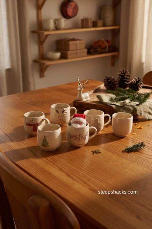 Personalized family Christmas mugs with snowman reindeer designs and surprise figurines 