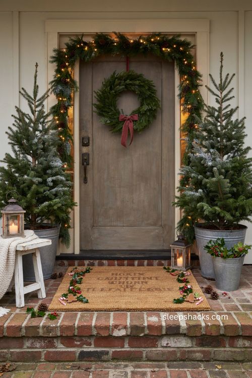 Personalized family home for Christmas doormat with gingerbread holly and cozy porch decor 