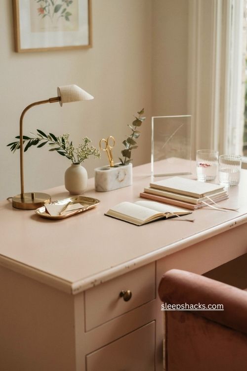 Personalized glam office decor with acrylic and gold desk accents 