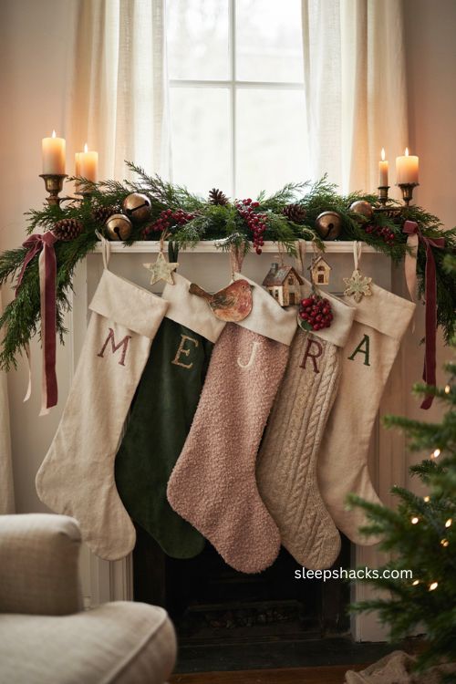 Personalized monogrammed Christmas stockings and ornaments on a cozy mantel 