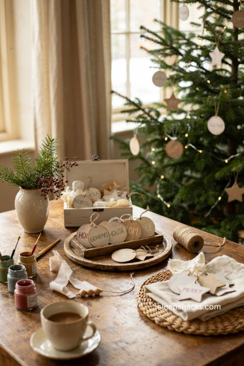 Personalized word Christmas ornaments with handmade memory keepsakes and rustic holiday decor