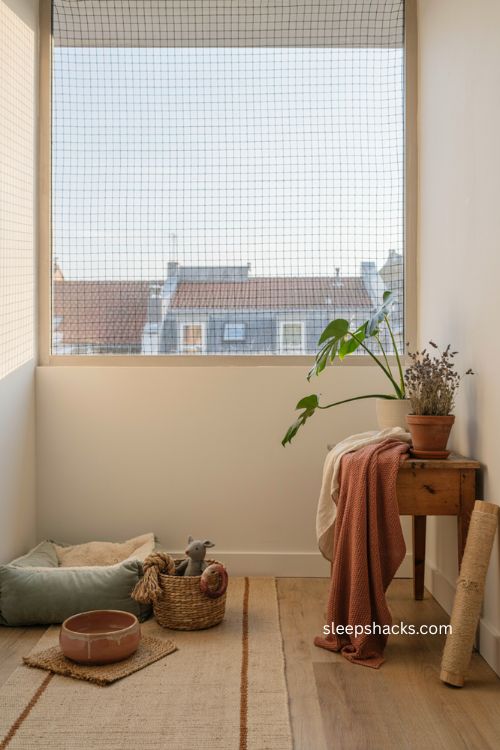 Pet friendly balcony corner with cozy bed toys water bowl and safety netting