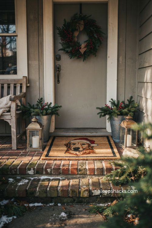 Pet themed Christmas doormat with Santa hat dog design and cozy holiday porch decor 