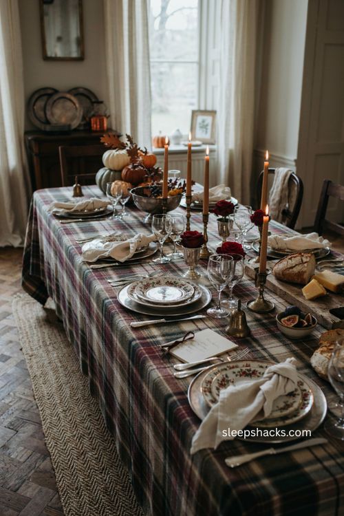 Pewter chargers under plaid china Thanksgiving table with Ralph Lauren inspired country house decor 
