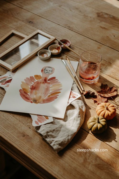 Photo keepsake turkey with watercolor feathers for Thanksgiving 