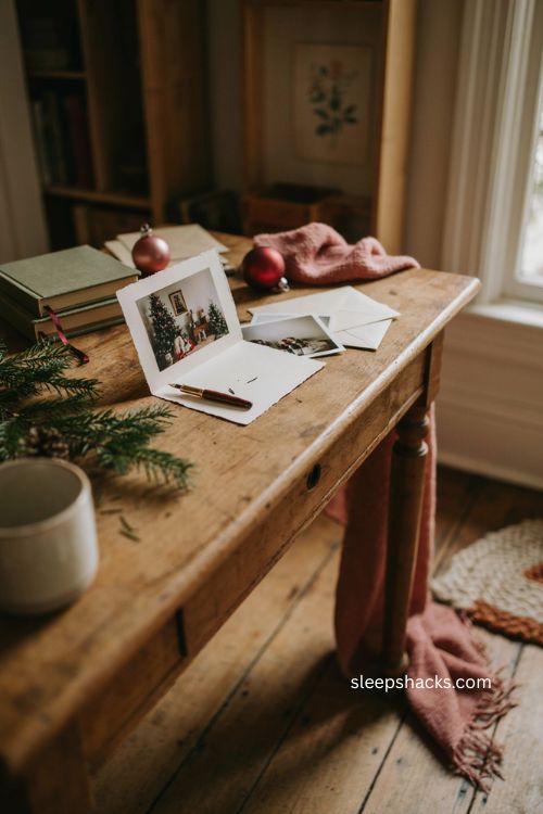 Photo memory Christmas card for boyfriend with candid year in review photo and cozy holiday keepsake setup 