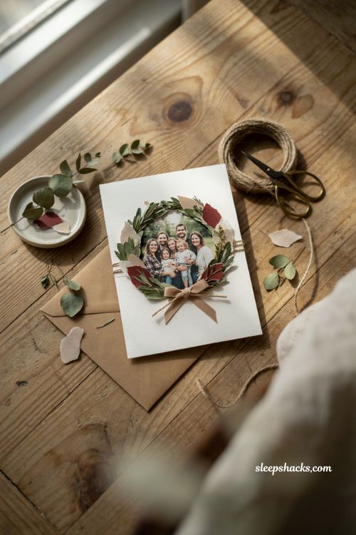 Photo wreath handmade Christmas card ideas with dried greenery