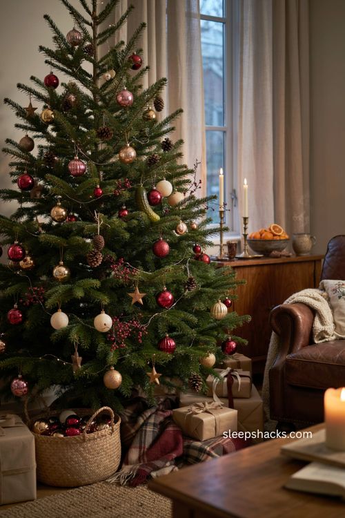 Pickle hunt Christmas tree with classic ornaments hidden pickle and cozy family decor