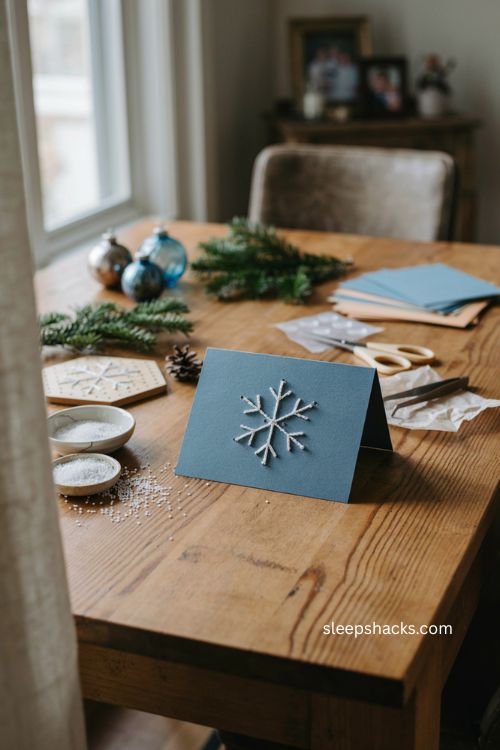 Picture bead snowflake Christmas card for kids with white fuse bead snowflake on blue cardstock and reusable holiday ornament craft 