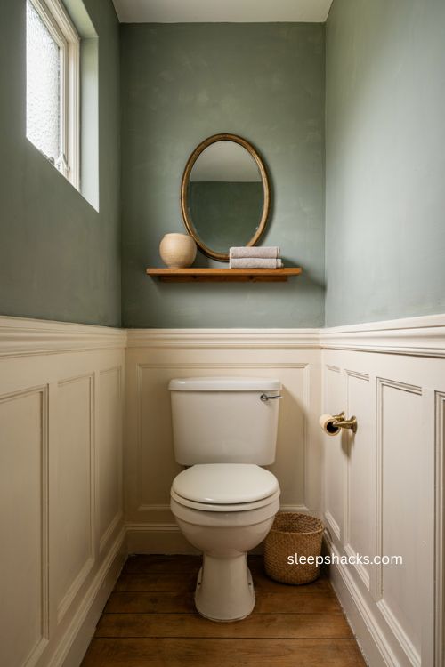 Picture frame molding water closet with classic wainscoting and vintage details