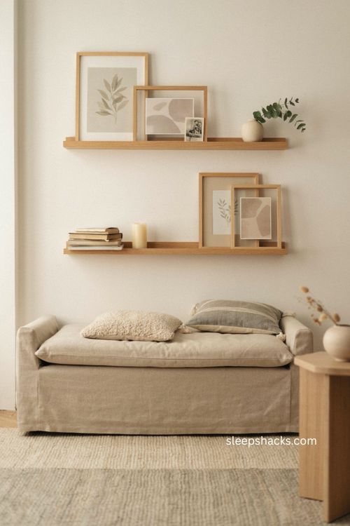 Picture ledge living room wall decor with layered frames and Scandinavian styling 