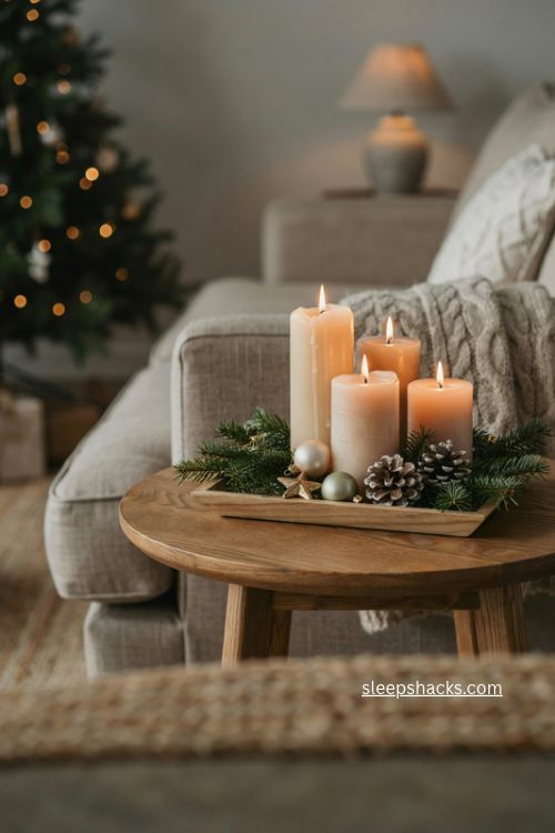 Pillar candle christmas end table decor with evergreen pinecones and ivory candles 