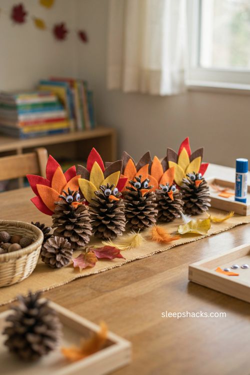 Pine cone turkey craft for toddlers with felt feathers and autumn leaves 