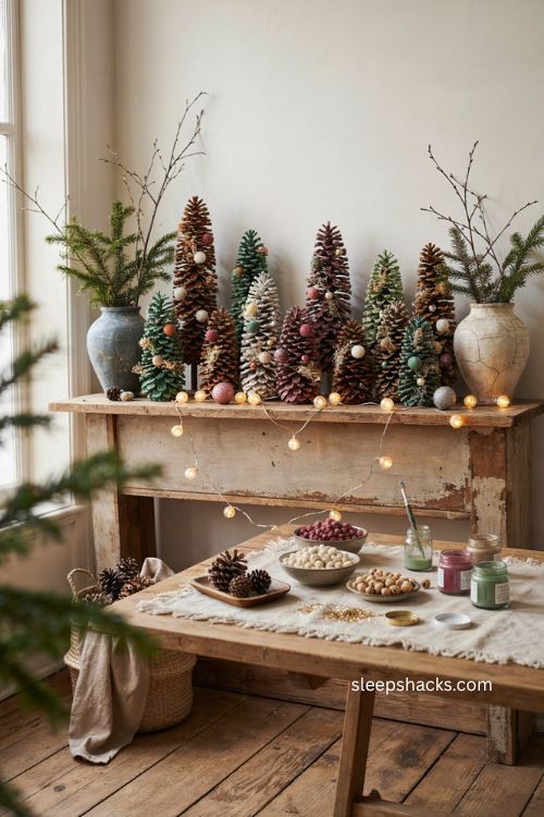Pinecone Christmas trees with pom poms beads glitter and rustic handmade holiday decor