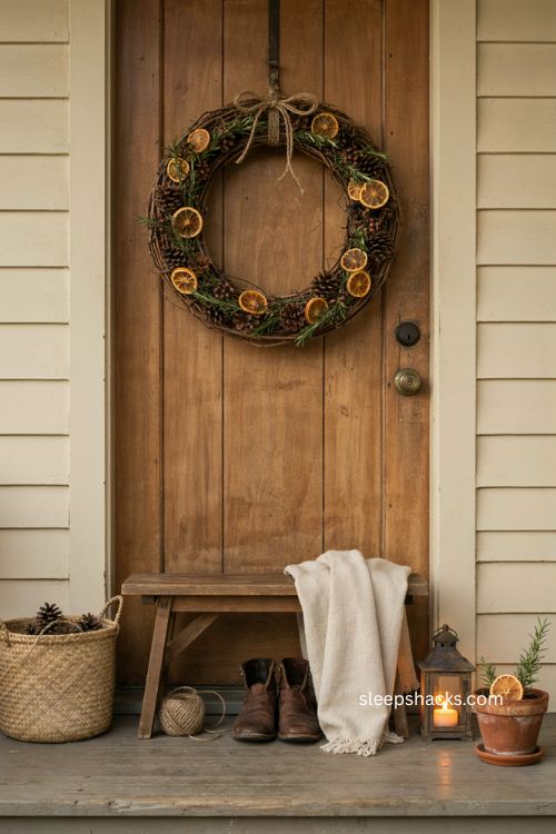 Pinecone and orange slice wreath for natural Christmas porch decor 