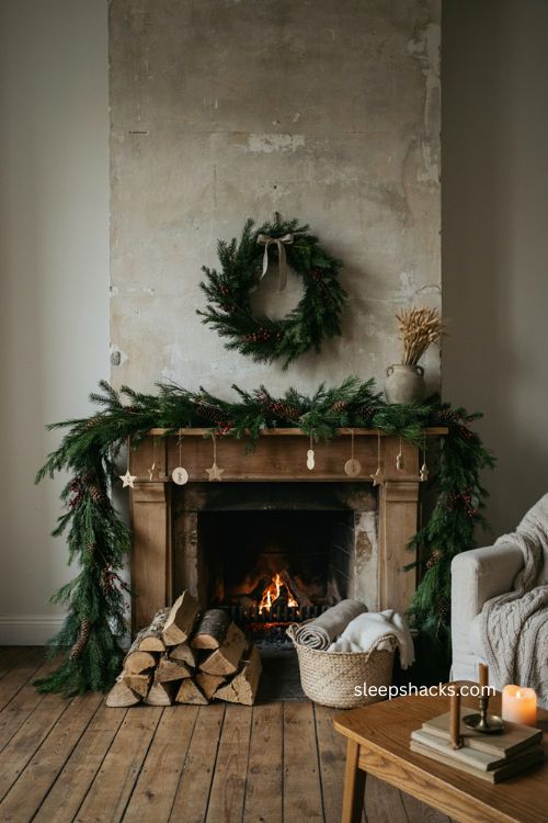 Pinecone and red berry chimney Christmas decor with evergreen greenery