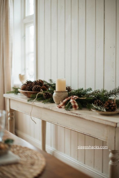 Pinecone and simple garland Christmas sideboard decor with cottage charm